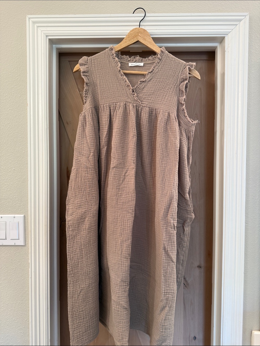 Sleeveless V-Neck Midi Dress in Taupe Cotton Gauze